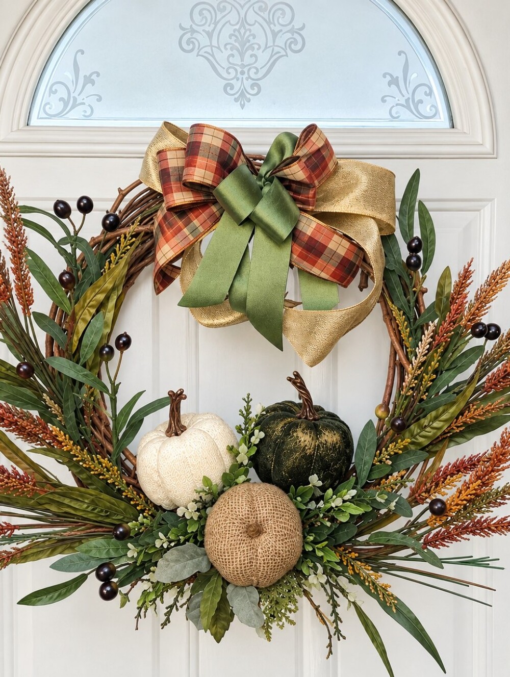 Fall Wreath, 3 Textured Pumpkins, Faux Florals, Approx 20"